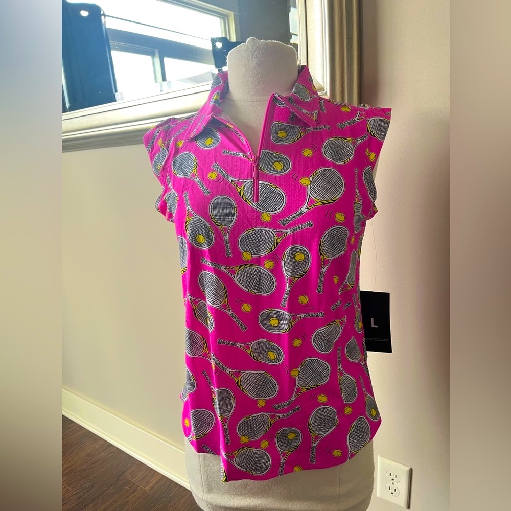 IBKUL Venus Hot PINK NWT pickleball tennis Print UPF 50+ Sleeveless Polo Shirt
